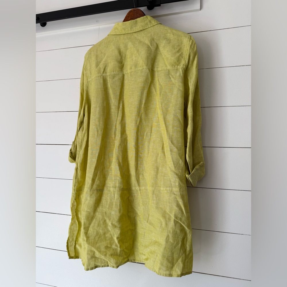 TAHARI Chartreuse 100% Linen Collared Button Front Blouse Shirt Tunic Size Large - Picture 4 of 6